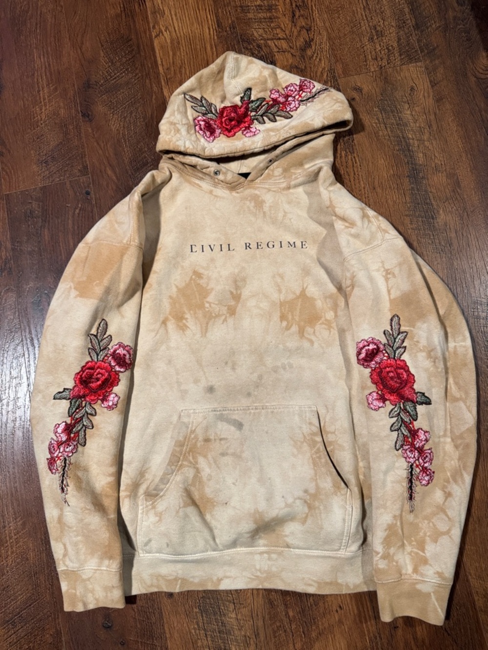 Civil Regime Floral Embroidered Tie-Dye Hoodie - Beige with Red Roses
